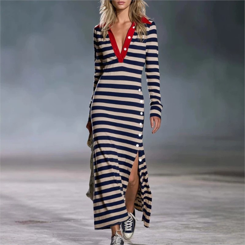 Winter Clothing Pinterest - ชุดเดรสผู้หญิงฤดูใบไม้ร่วงและฤดูหนาวปี 2026 พร้อมคอวีลายทางและชายกระโปรงผ่าด้านข้าง ดีไซน์ทันสมัย สวมใส่สบาย สไตล์เรโทรและมีเอกลักษณ์