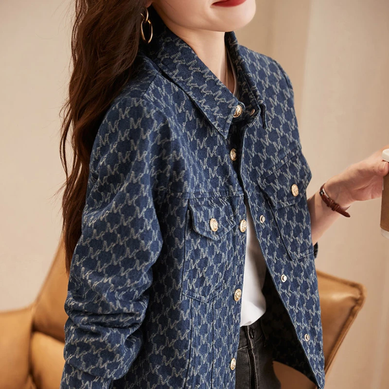 Winter Clothing On Sale Women'S - สีฟ้าผู้หญิง DENIM แจ็คเก็ตพิมพ์ Outerwears ฤดูใบไม้ผลิฤดูใบไม้ร่วงกราฟิกหญิงกางเกงยีนส์ขาย Cowgirl
