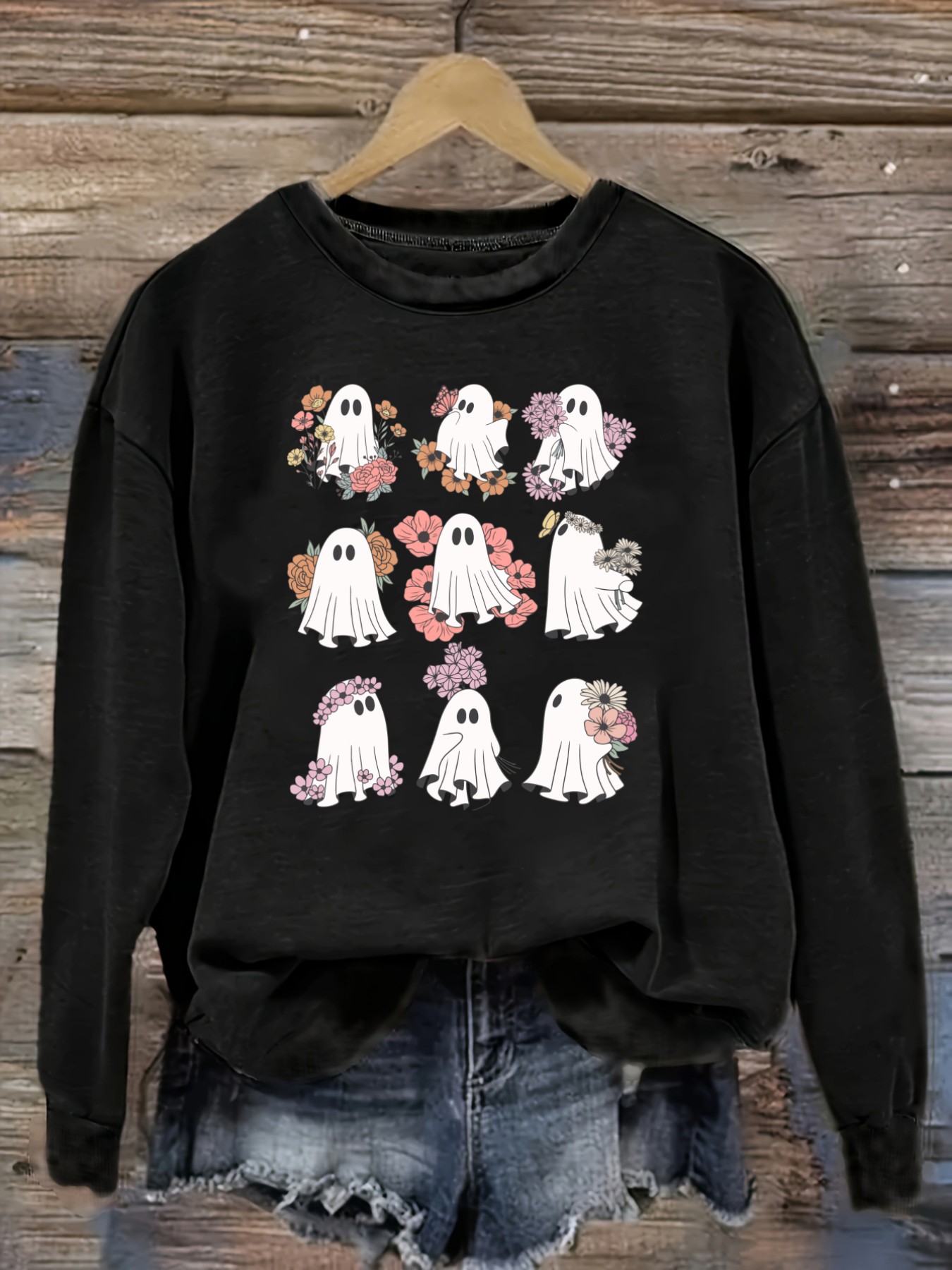 Winter Clothing Patterns - เสื้อยืดแขนยาวคอกลมลายดอกไม้และผีสำหรับผู้หญิง, เสื้อผ้าผู้หญิงคอกลม, ซักเครื่องได้, ยืดหยุ่นเล็กน้อย, ทรงหลวม, เสื้อยืดผู้หญิงสำหรับฤดูใบไม้ผลิ