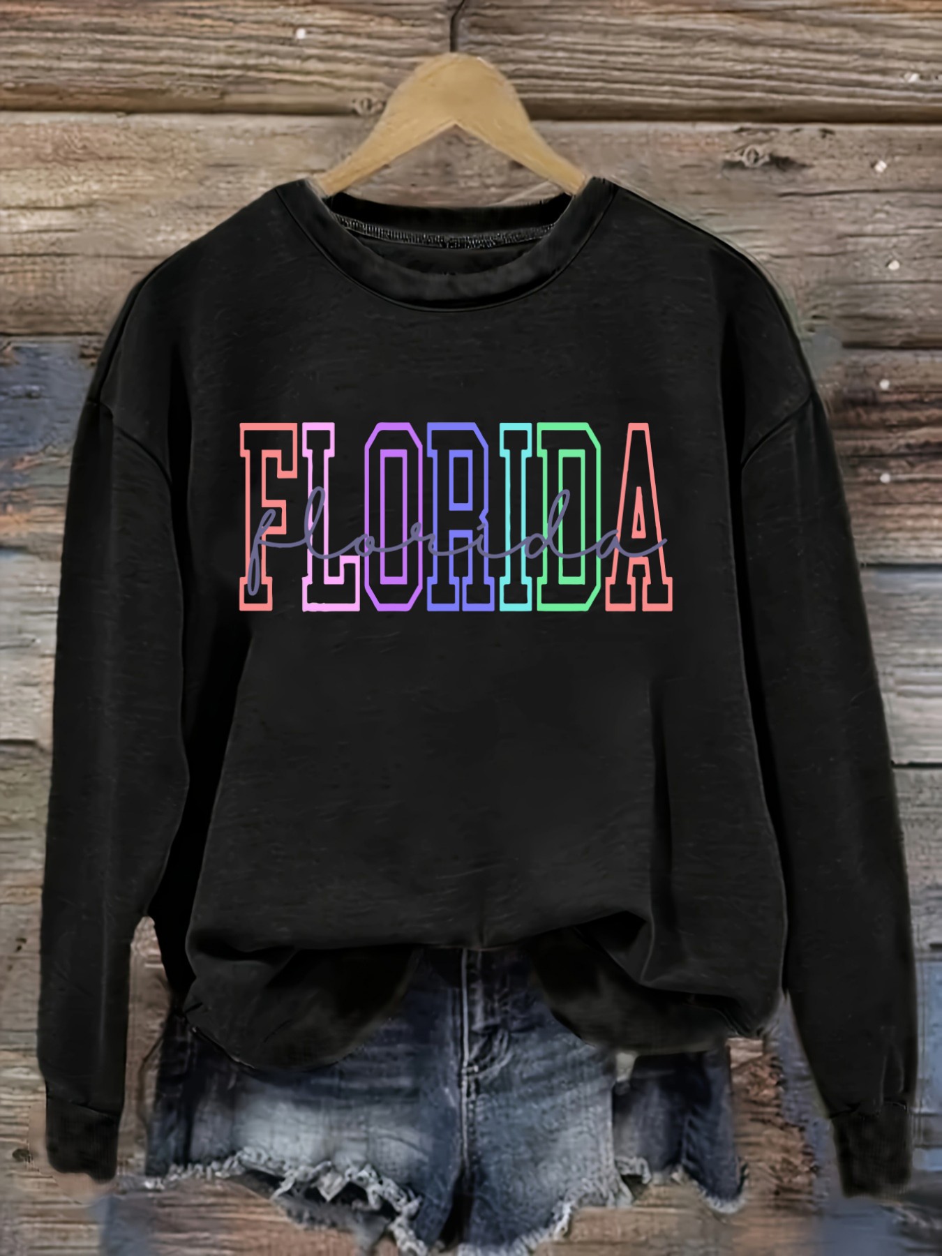 Winter Clothing Design - เสื้อยืดแขนยาวคอกลมลำลองสำหรับผู้หญิง ลายพิมพ์ตัวอักษรขอบสีรุ้งสไตล์ฟลอริดา เสื้อผ้าผู้หญิงคอกลม ซักเครื่องได้ ยืดหยุ่นเล็กน้อย ทรงหลวม