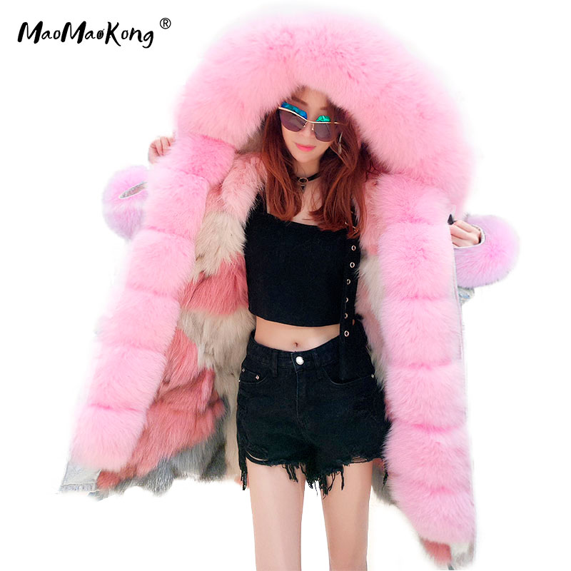 Winter Clothing Brands - Maomaokong เสื้อแจ็คเก็ตฤดูหนาวยาวมีฮู้ดผู้หญิงเสื้อคลุมขนสัตว์สุนัขจิ้งจอกแท้ธรรมชาติเสื้อโค้ทผู้หญิงสีชมพู