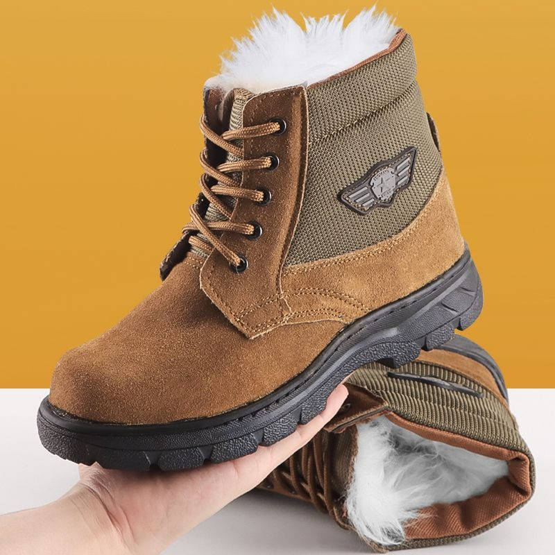 Snow Boot Fur Lined - รองเท้าบูทหิมะสำหรับผู้ชายฤดูหนาว หนังแท้ บุขนแกะ ให้ความอบอุ่นสำหรับกิจกรรมกลางแจ้ง หัวรองเท้าทรงกลม บุขนด้านใน