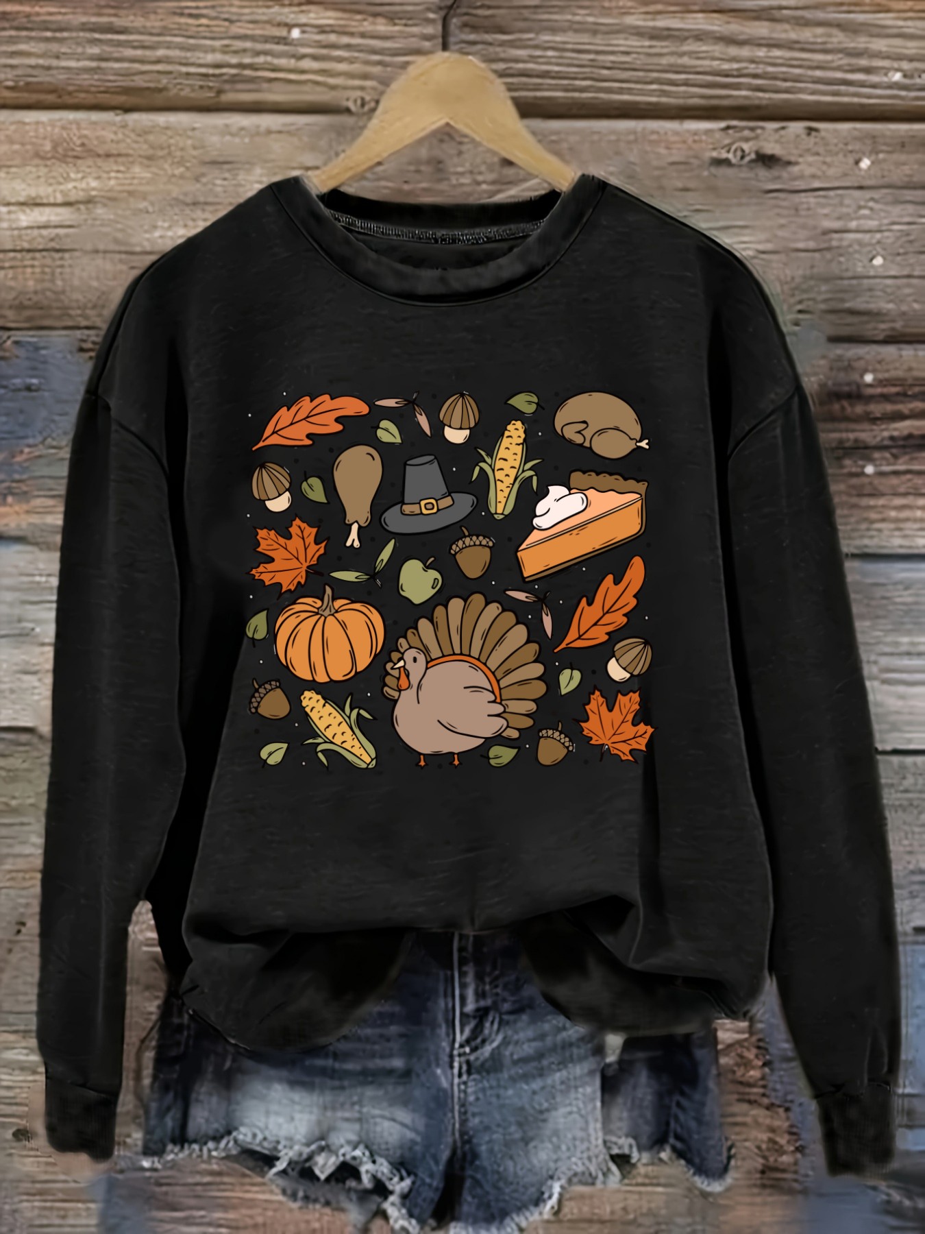 Winter Clothing Patterns - เสื้อยืดแขนยาวคอกลมลำลองสำหรับผู้หญิง ลายพิมพ์ธีมวันขอบคุณพระเจ้าและฤดูใบไม้ร่วง, เสื้อผ้าผู้หญิงคอกลม, ซักเครื่องได้, ยืดหยุ่นเล็กน้อย, ทรงหลวม,