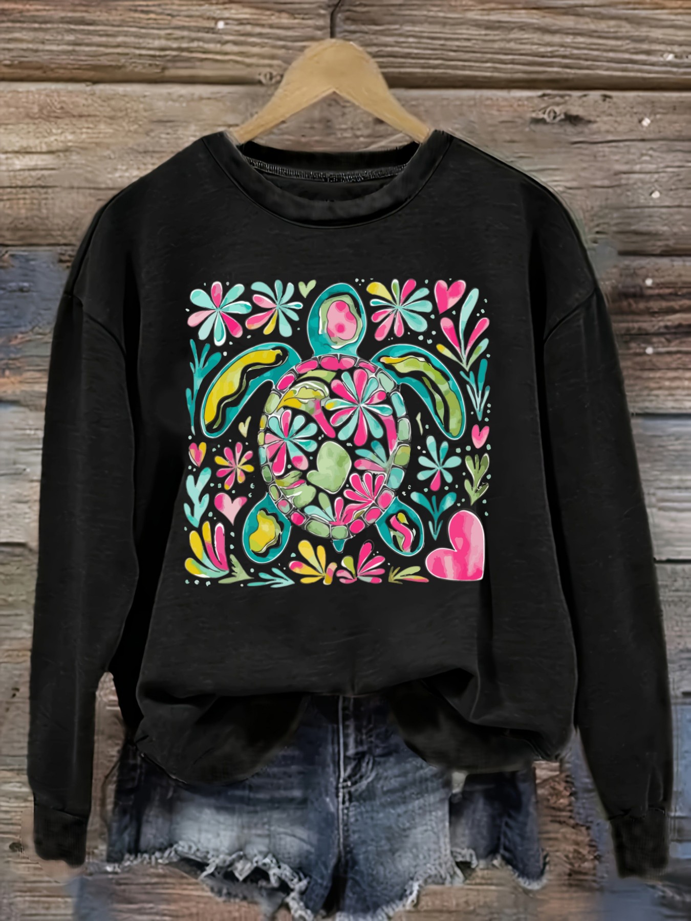 Winter Clothing Design - เสื้อยืดแขนยาวคอกลมลำลองสำหรับผู้หญิง ลายพิมพ์กราฟิกลายเต่าดอกไม้หลากสี เสื้อผ้าผู้หญิงคอกลม ซักเครื่องได้ ยืดหยุ่นเล็กน้อย ทรงหลวม