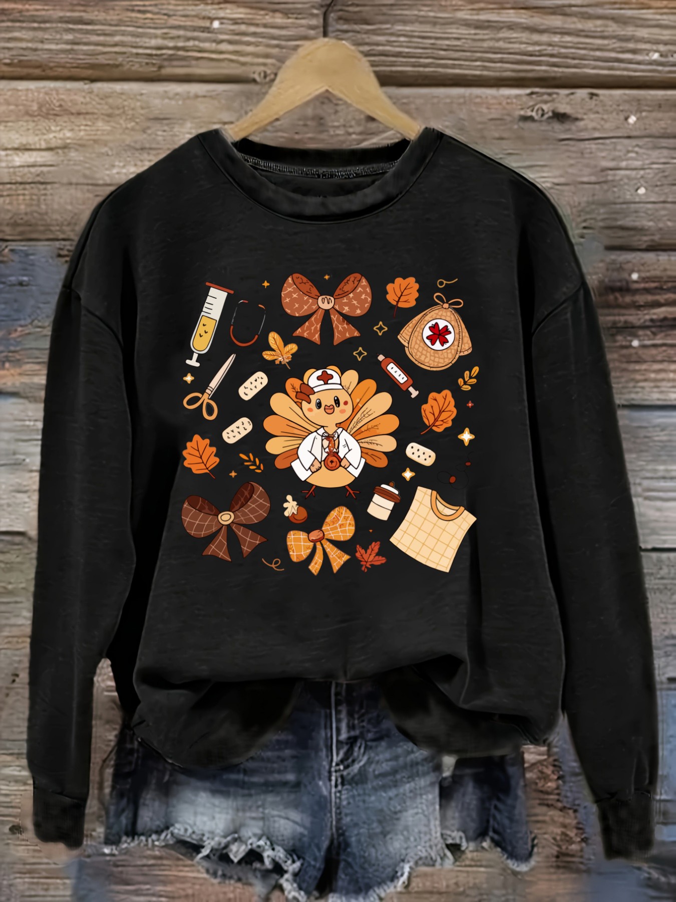 Winter Clothing Patterns - เสื้อยืดแขนยาวคอกลมลำลองสำหรับผู้หญิง ลายพยาบาลตุรกีสุดน่ารัก ดีไซน์ลายฤดูใบไม้ร่วง เสื้อผ้าผู้หญิงคอกลม ซักเครื่องได้ ยืดหยุ่นเล็กน้อย