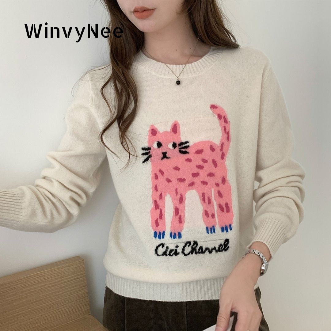 Winter Clothing Patterns - เสื้อผ้าผู้หญิง WinvyNee เสื้อไหมพรมเมอริโนขนแกะ แขนยาว คอโอ ลายแมว
