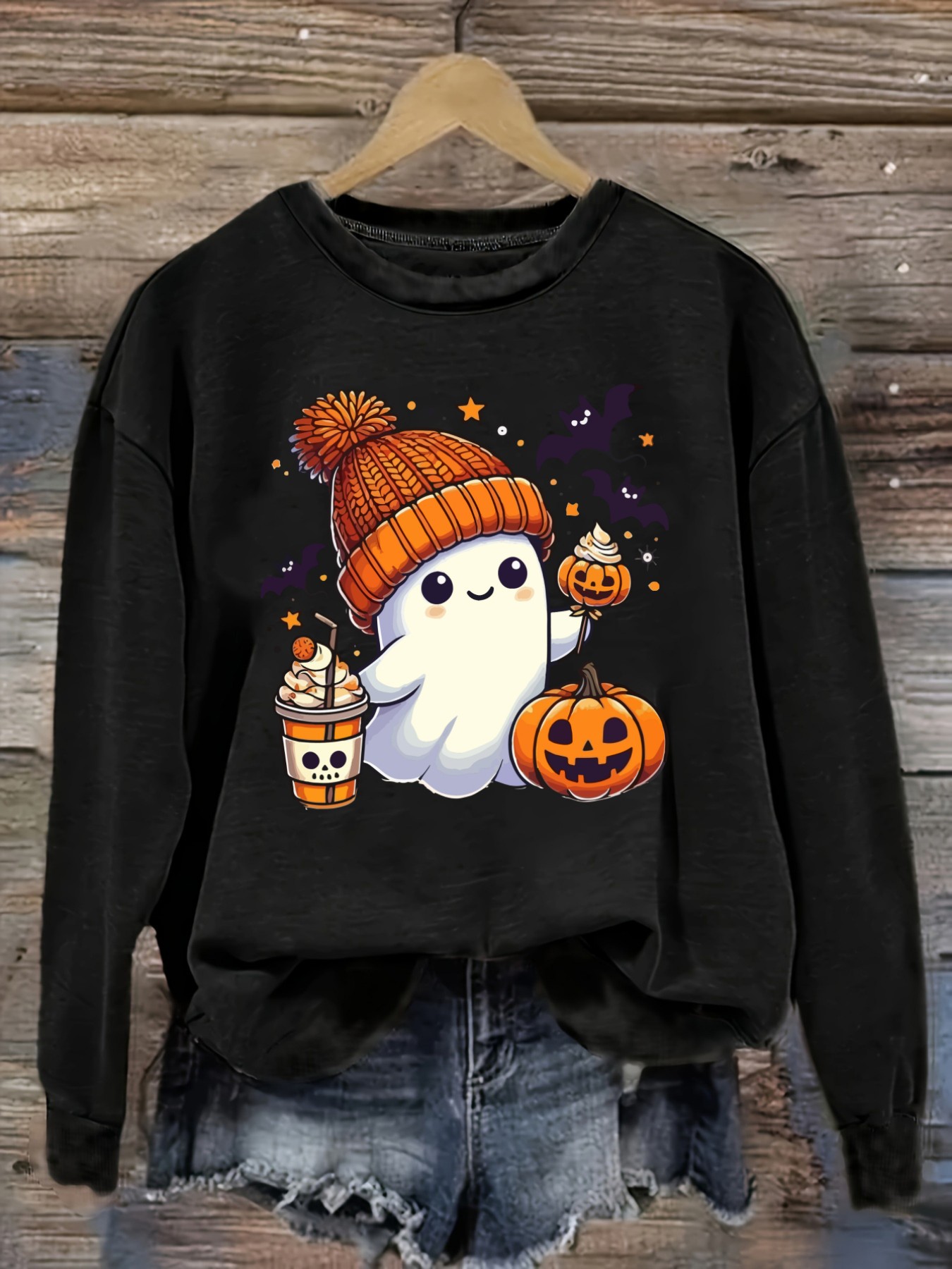 Winter Clothing Design - เสื้อยืดแขนยาวคอกลมลำลองสำหรับผู้หญิง ลายพิมพ์ผีน่ารักและฟักทองฮาโลวีน เสื้อผ้าผู้หญิงคอกลม ซักเครื่องได้ ยืดหยุ่นเล็กน้อย ทรงหลวม