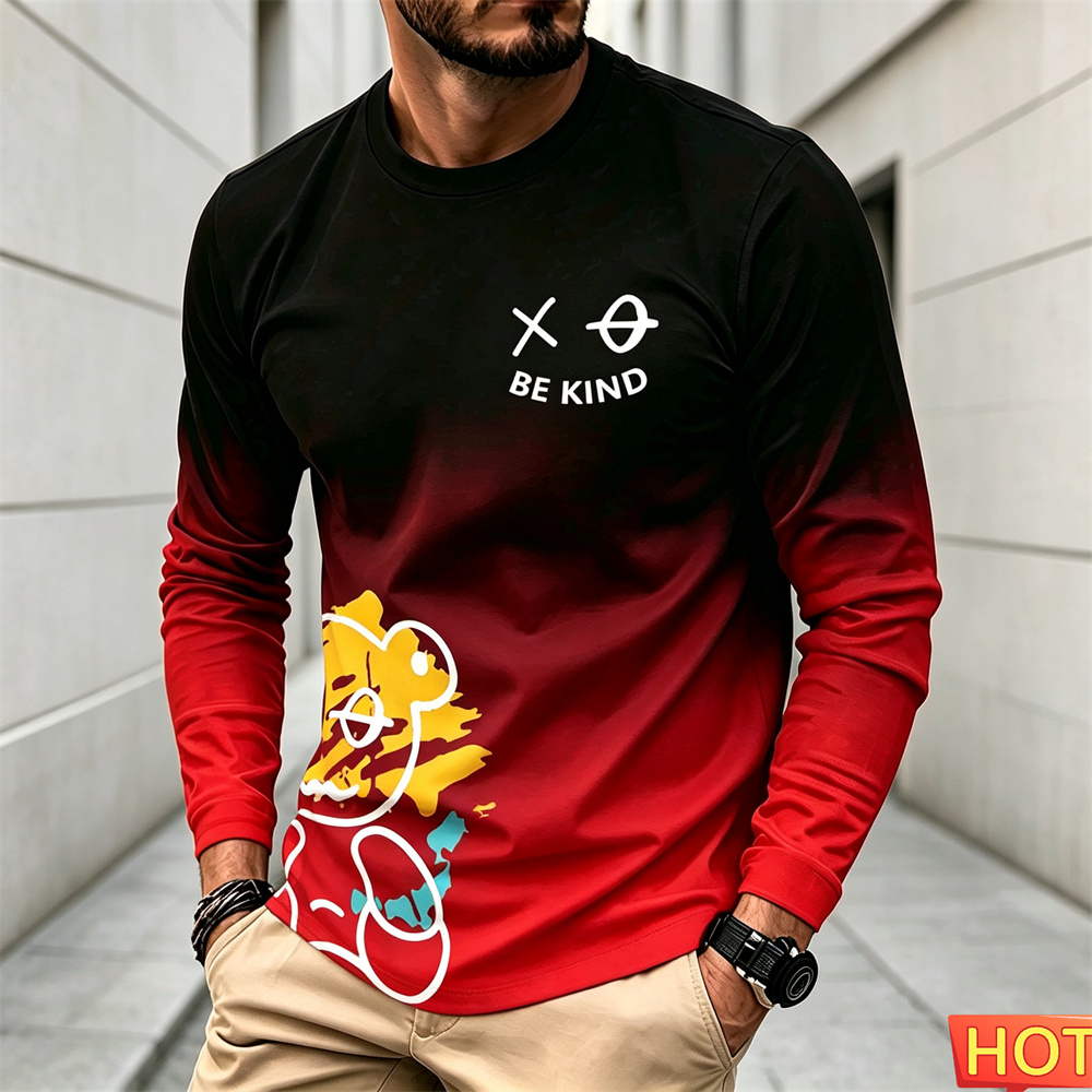 Winter Sun Clothing - เสื้อยืดแขนยาวลำลองสำหรับผู้ชาย ลายการ์ตูน คอกลม เสื้อยืดผ้าฝ้าย ใส่สบาย สไตล์