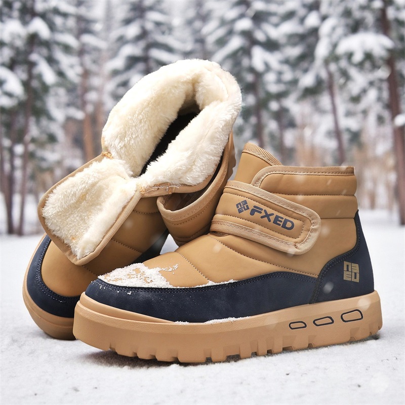 Snow Boot Fur Lined - รองเท้าบูทหิมะบุขนสำหรับผู้ชาย ฤดูใบไม้ร่วงและฤดูหนาว แฟชั่นลำลอง รองเท้าทรงเบเกอร์บุขนหนา รองเท้าผ้าฝ้ายหุ้มข้อกลาง