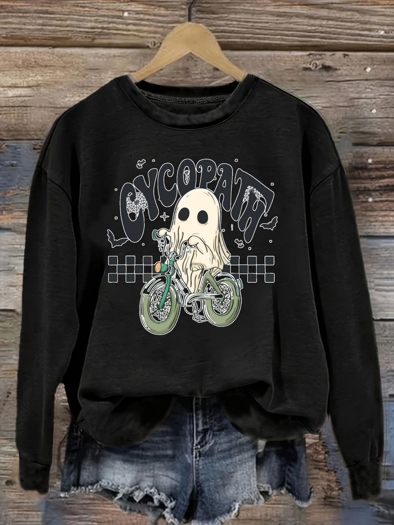 Winter Clothing Design - เสื้อยืดแขนยาวคอกลมลำลองสำหรับผู้หญิง ลายกราฟิกรูปผีขี่มอเตอร์ไซค์ เสื้อผ้าผู้หญิงคอกลม ซักเครื่องได้ ยืดหยุ่นเล็กน้อย ทรงหลวม