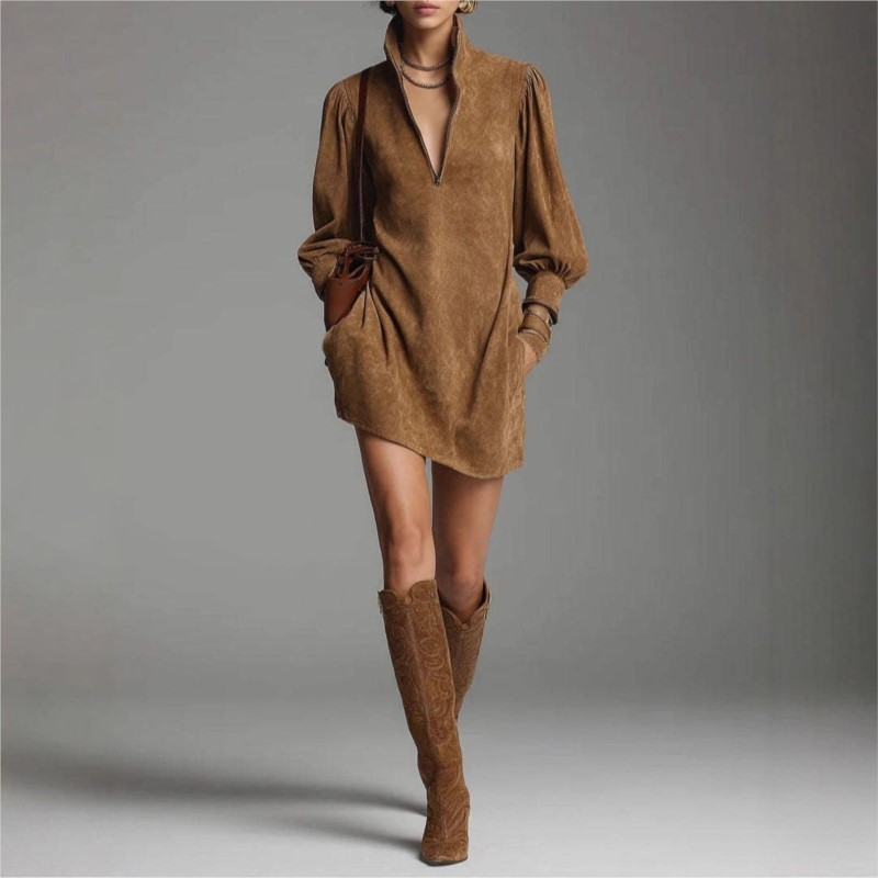 Winter Clothing Pinterest - เดรสวินเทจมินิเดรสผู้หญิง แขนยาว แต่งผ้าต่อกัน สำหรับงานปาร์ตี้ สไตล์ลำลอง สีพื้น