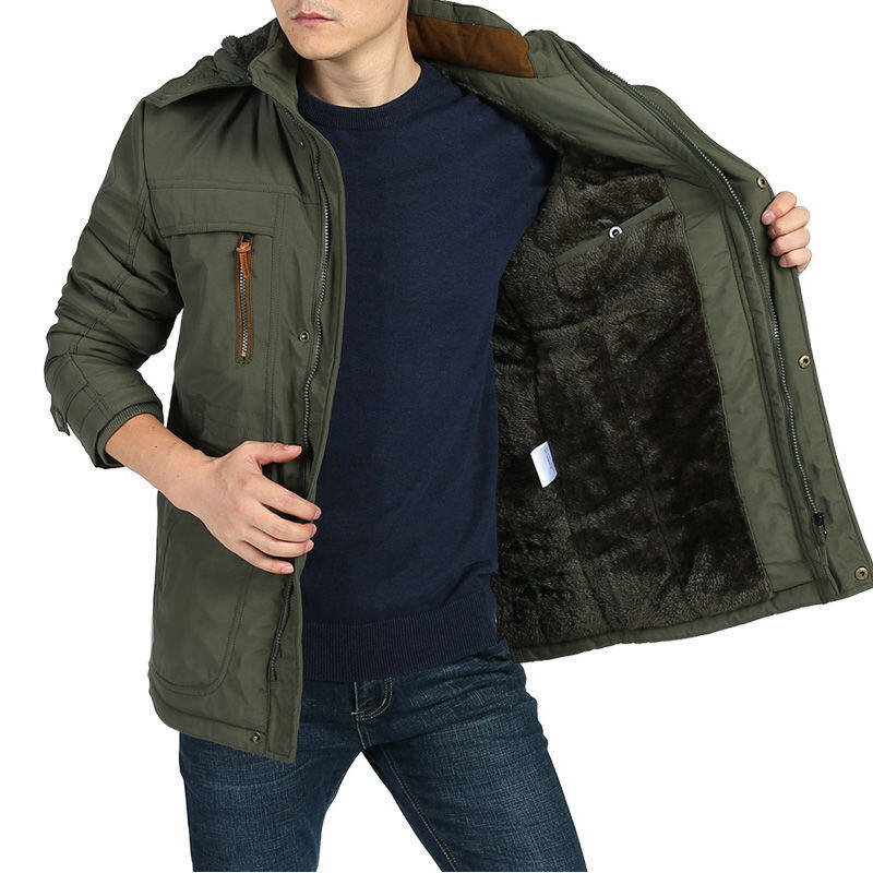 Winter Clothing Brands - เสื้อแจ็คเก็ตฤดูหนาวผู้ชายขนาดใหญ่ ผ้าหนา อุ่น มีหลายกระเป๋า ซับในขนแกะ เสื้อคลุมกันลมมีฮู้ดสำหรับกิจกรรมกลางแจ้ง