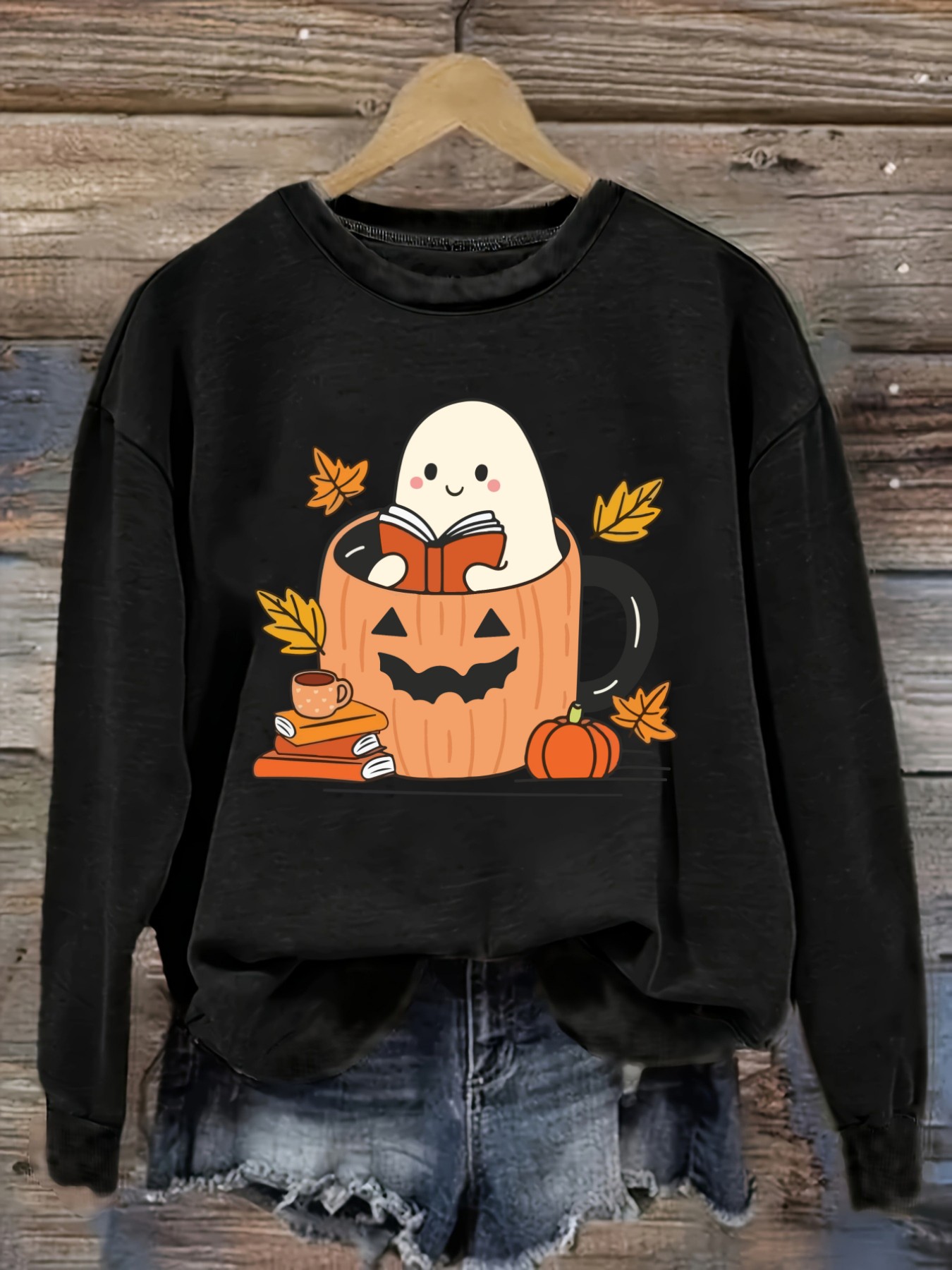 Winter Clothing Design - เสื้อยืดแขนยาวคอกลมลำลองสำหรับผู้หญิง ลายผีน่ารักอ่านหนังสือในแก้วฟักทอง เสื้อผ้าผู้หญิงคอกลม ซักเครื่องได้ ยืดหยุ่นเล็กน้อย ทรงหลวม