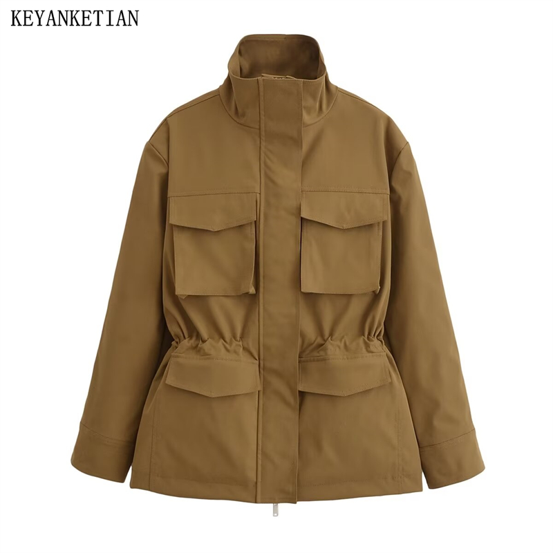 Winter Clothing Pinterest - Keyanketian เสื้อนอกคอสูงมีกระเป๋าตกแต่งสไตล์ซาฟารีเสื้อฝนสั้นสำหรับผู้หญิง2024ฤดูใบไม้ร่วง/ฤดูหนาว