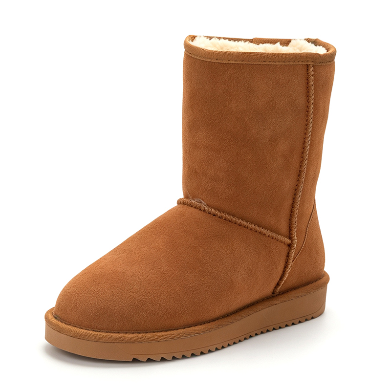 Snow Boot Fur Lined - รองเท้าบูทหุ้มข้อกลางสำหรับผู้หญิง หนังกลับวัวบุขนสัตว์อุ่นๆ รองเท้าบูทฤดูหนาวกันลื่น แฟชั่นลำลอง รองเท้าฤดูหนาวสำหรับสุภาพสตรี