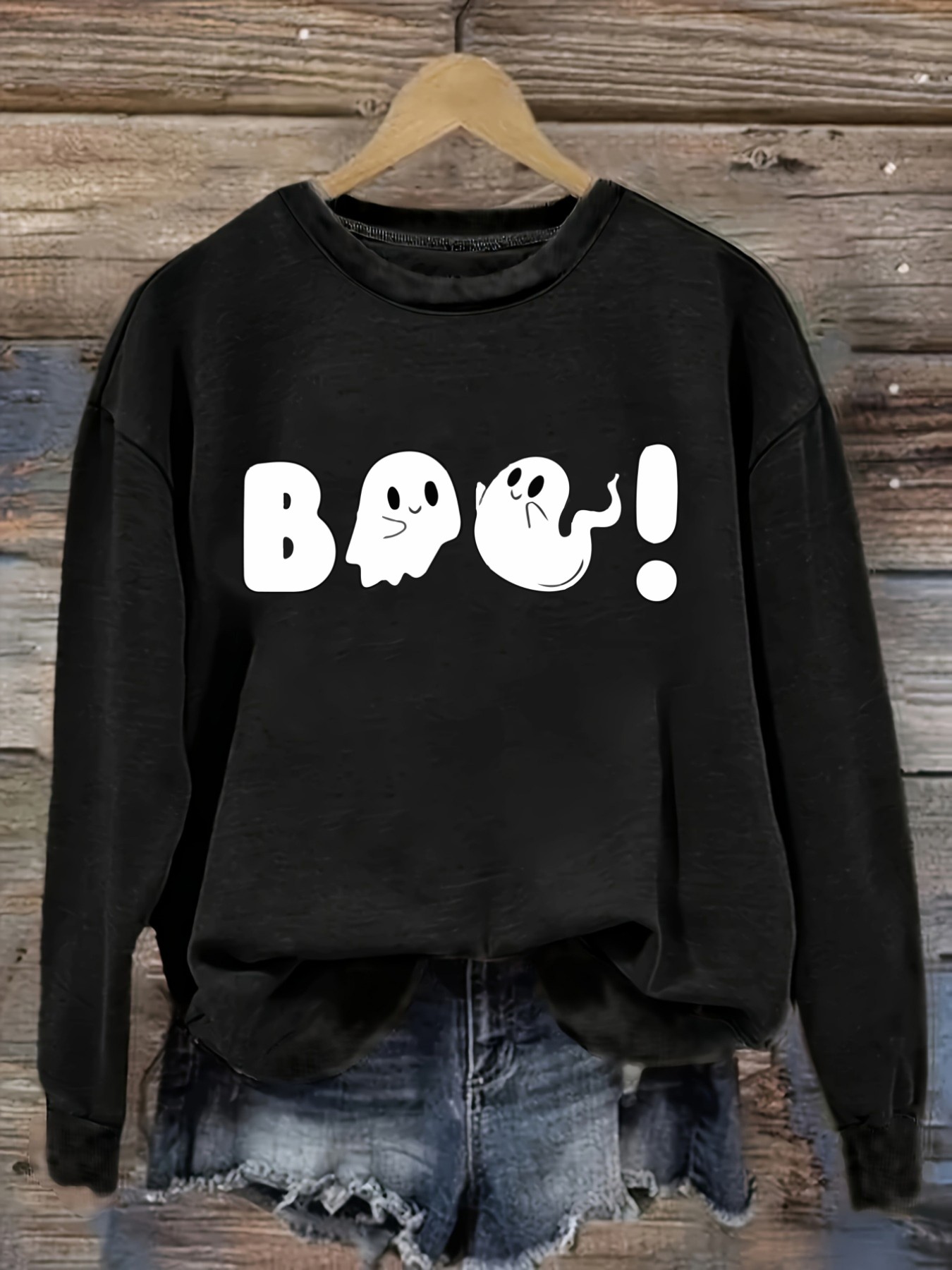 Winter Clothing Design - เสื้อยืดแขนยาวคอกลมสำหรับผู้หญิง ลายพิมพ์ผีฮาโลวีนสุดสนุก เสื้อผ้าผู้หญิงคอกลม ซักเครื่องได้ ยืดหยุ่นเล็กน้อย ทรงหลวม